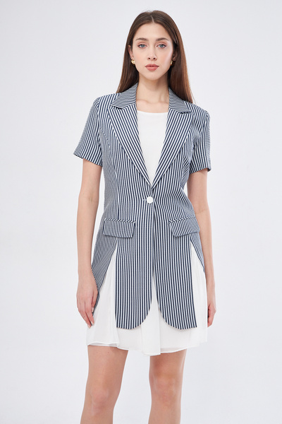 SELAZRA Rirua Ceket Yaka Çizgili Kısa Kol Regular Fit Lacivert Renk Elbise