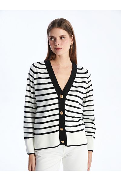 LC Waikiki Long Sleeve V-Neck Striped Women's Knitwear Cardigan