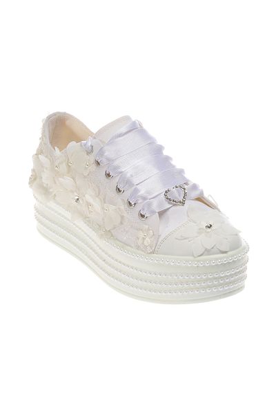 Ayakkabı Tutkusu Stilo ® Adidași de mireasă albi - Design confortabil și elegant cu aplicații tridimensionale și decorațiuni cu perle 5cm