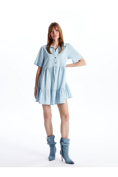 LC Waikiki Women's Jean Dress - Shirt Collar, Solid Cut, Short Sleeve
