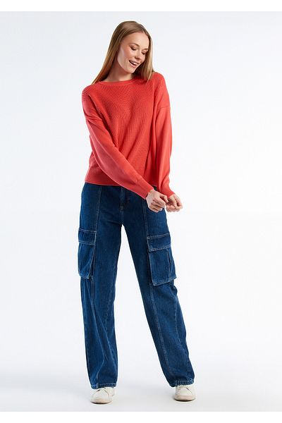 United Colors of Benetton Women's Red 100% Cotton Boat Neck Sweater with Detail on the Front