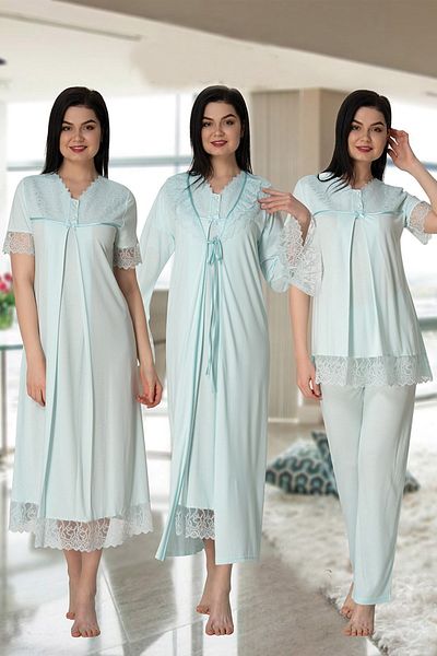 CT MODA Women's Turquoise Design Cotton Maternity Maternity Dressing Gown Pajamas Set Nightgown Set of 4
