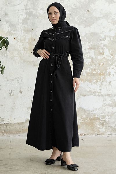 InStyle Tasseled Beaded Denim Dress - Black