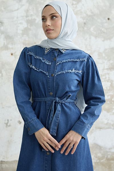 InStyle Rochie din denim cu mărgele cu ciucuri - Albastru închis