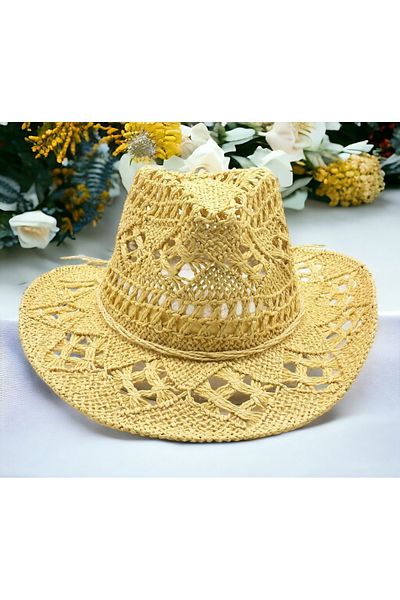 Shopiolog Wide Brim Ethnic Texture UV Protection Straw Cowboy Hat