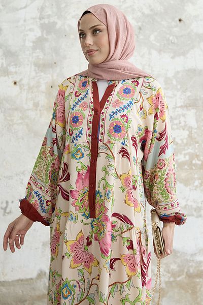 InStyle Floral Patterned Viscose Dress - Claret Red
