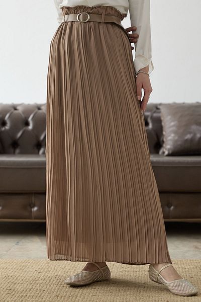 InStyle Belted Waist Gathered Chiffon Skirt - Camel