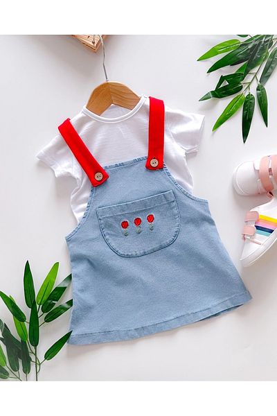 hümabebe Tulip Embroidery Colorful Straps Knitted Denim Fabric Summer Dress Salopet Set of 2