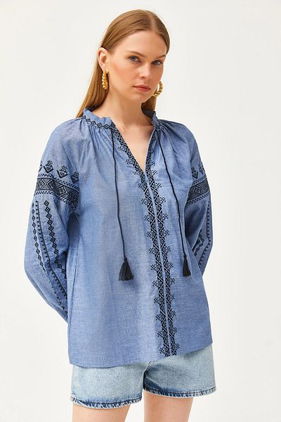 Olalook Bluză largi, albastră, cu șireturi, brodate cu aspect denim BLZ-19002613