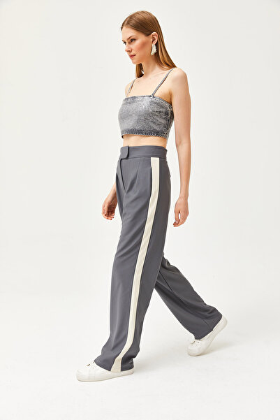 Olalook Women's Smoked Pocketed Pleated Side Striped Palazzo Trousers PNT-19000275