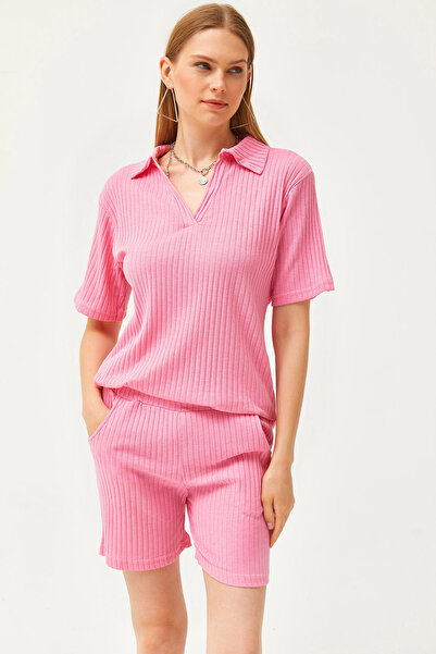 Olalook Women's Candy Pink Polo Collar Top Pocket Shorts Ribbed Suit TKM-19000197
