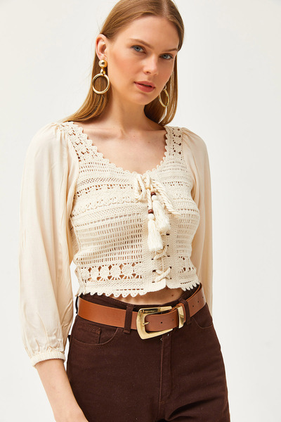 Olalook Women's Stone Crochet Braided Sleeves Balloon Crop Blouse BLZ-19002611