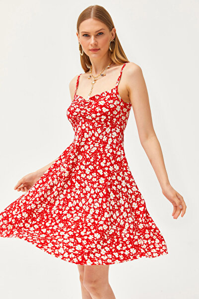 Olalook Női piros pántos köntös összegyűjtött miniruha ELB-19002138