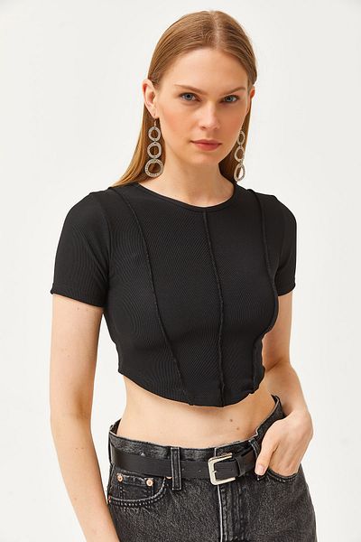 Olalook Γυναικεία Black Crew Neck Piece Crop Ottoman Μπλούζα BLZ-19002610