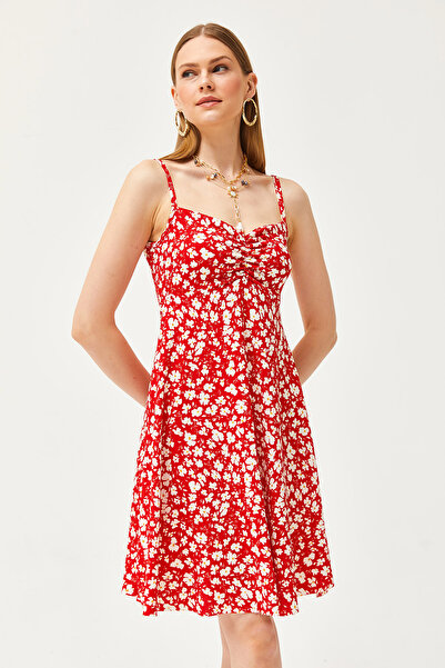 Olalook Női piros pántos köntös összegyűjtött miniruha ELB-19002138