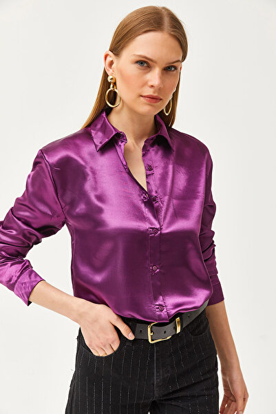 Olalook Cămașă țesută cu suprafață din satin mov strălucitor GML-19001195