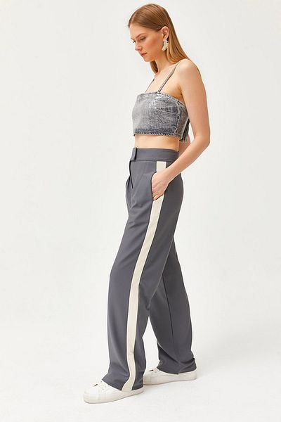 Olalook Women's Smoked Pocketed Pleated Side Striped Palazzo Trousers PNT-19000275