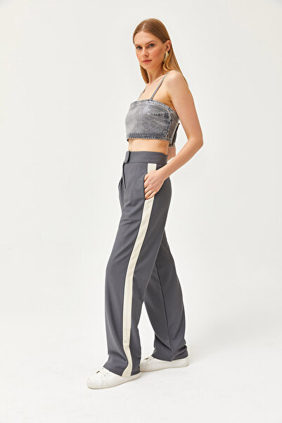 Olalook Women's Smoked Pocketed Pleated Side Striped Palazzo Trousers PNT-19000275