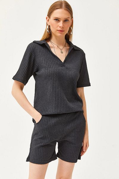 Olalook Women's Anthracite Polo Collar Top Pocket Shorts Ribbed Set TKM-19000197