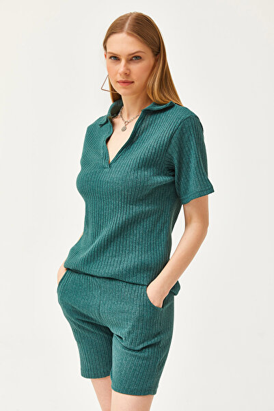 Olalook Kadın Nefti Yeşili Polo Yaka Üst Cepli Şort Fitilli Takım TKM-19000197
