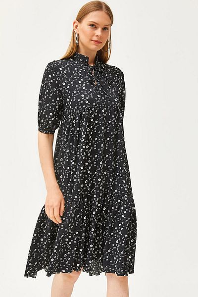 Olalook Women's Black Lace-up Collar Piece Dress ELB-19002134