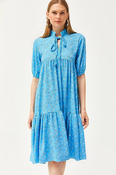 Olalook Rochie de damă albastră cu guler cu șireturi ELB-19002134