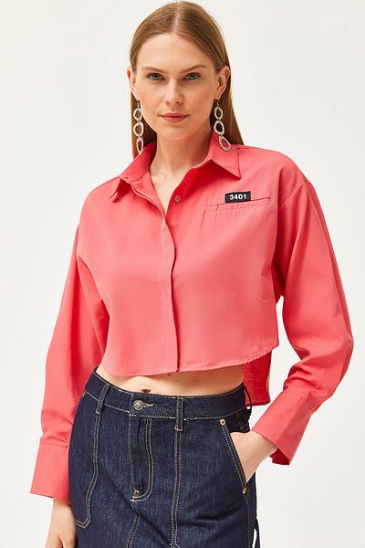 Olalook Women's Coral Embroidered Back Buttoned Crop Shirt GML-19001197
