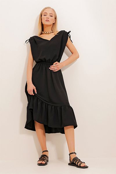 Trend Alaçatı Stili Women's Black V-Neck Skirt Flounce Elastic Waist Woven Dress Alc-X11744