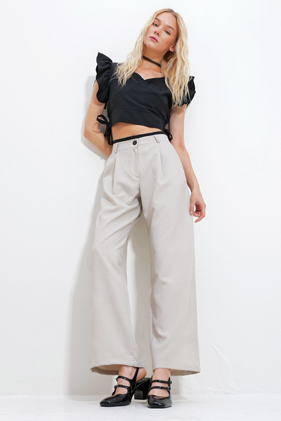 Trend Alaçatı Stili Dámské béžové dvojité kapsy na zip barevně zdobené tkané kalhoty Palazzo ALC-X11902