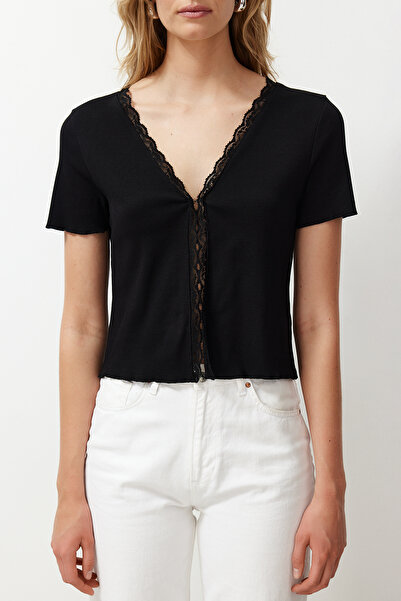 Trendyol Collection Black Cotton V-neck Low-cut Lace Detailed Stretch Knitted Blouse TWOSS24BZ00516