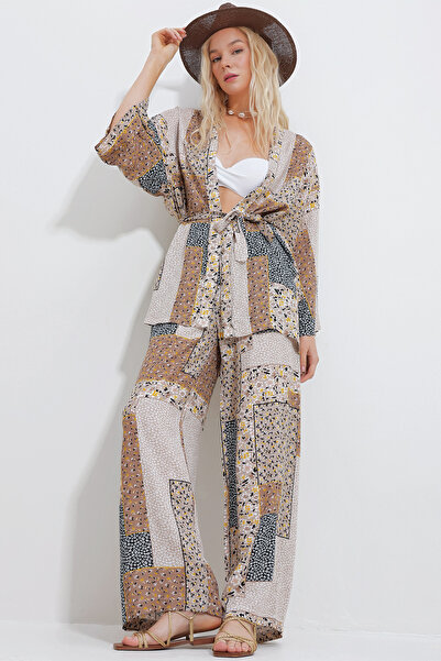 Trend Alaçatı Stili Női bézs fekete kimonó dzseki és Palazzo nadrág szett ALC-X11594