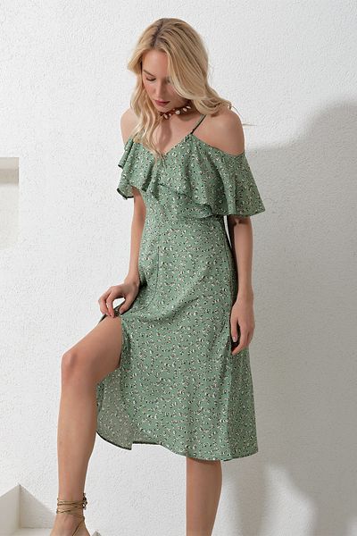 Trend Alaçatı Stili Women's Khaki Rope Strap Front Ruffle Floral Patterned Woven Dress Alc-X11743