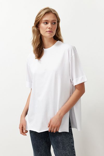 Trendyol Collection Černo-bílé 2 balení Oversize/široký střih s dvojitým rukávem Asymetrické pletené tričko TWOSS24TS00225