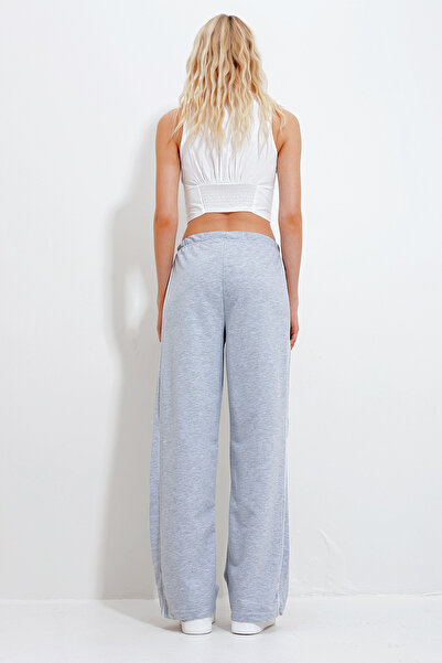 Trend Alaçatı Stili Női szürke dupla zsebes, oldalsó bordás, széles szárú melegítőnadrág ALC-X11984