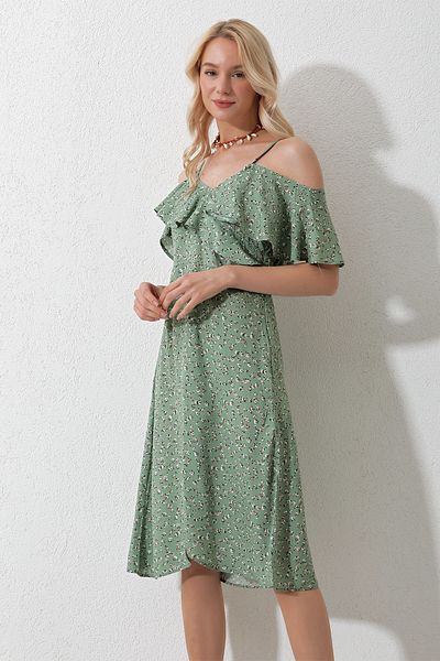 Trend Alaçatı Stili Women's Khaki Rope Strap Front Ruffle Floral Patterned Woven Dress Alc-X11743