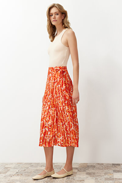 Trendyol Collection Narancssárga virágmintás viszkóz szövet Midi szőtt szoknya TWOSS23ET00294