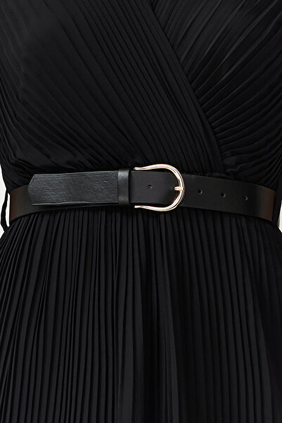 Trendyol Collection Černý pásek s plisovaným dvouřadým límcem šifonová podšívka midi tkané šaty TWOSS24EL00774