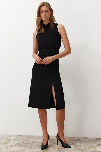 Trendyol Collection Black A-line Degaje Collar Midi Woven Dress TWOSS24EL00689
