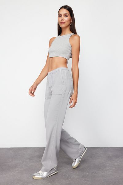 Trendyol Collection Grau 100 % Zinn ™   Jeans mit hoher Taille und weitem Bein – langlebig TWOSS24JE00204