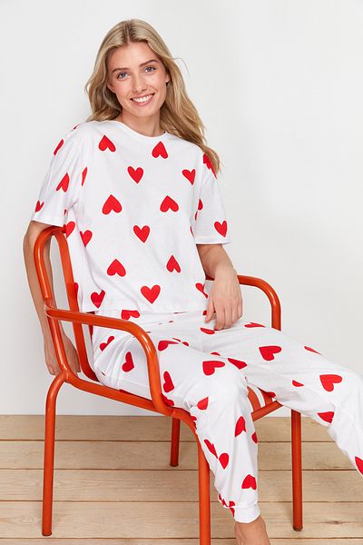 Trendyol Collection Set de lenjerie de dormit din bumbac alb Heart - THMSS24PT00336