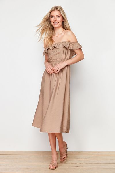 Trendyol Collection Mink Carmen gallér vászon megjelenés Maxi szőtt ruha TWOSS24EL00691