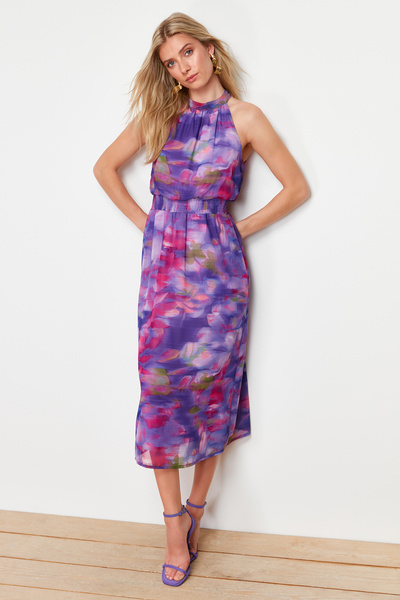 Trendyol Collection Purple Floral Print A-line Chiffon Lined Maxi Woven Dress TWOSS24EL00661