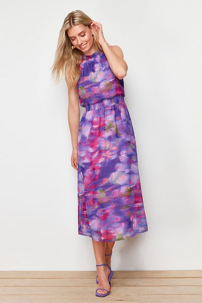 Trendyol Collection Μωβ φλοράλ τύπωμα Maxi υφαντό φόρεμα σε γραμμή Α με σιφόν TWOSS24EL00661