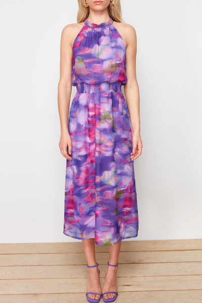 Trendyol Collection Purple Floral Print A-line Chiffon Lined Maxi Woven Dress TWOSS24EL00661