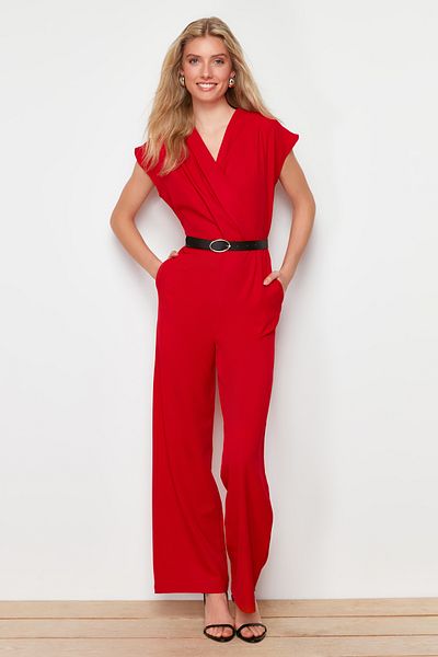 Trendyol Collection Red Belted Double Breasted Collar Wide Leg Woven Jumpsuit TWOSS21TU0004