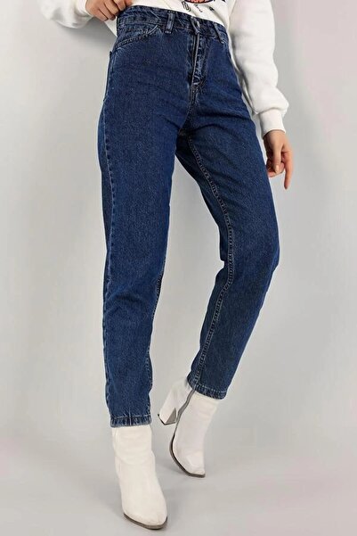 Lixera Pantaloni Mom Jean cu talie înaltă din Lycra albastru închis