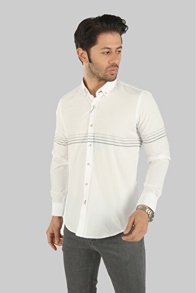 Brango Pamuklu Çizgili Beyaz Slim Fit Düğmeli Yaka Gömlek