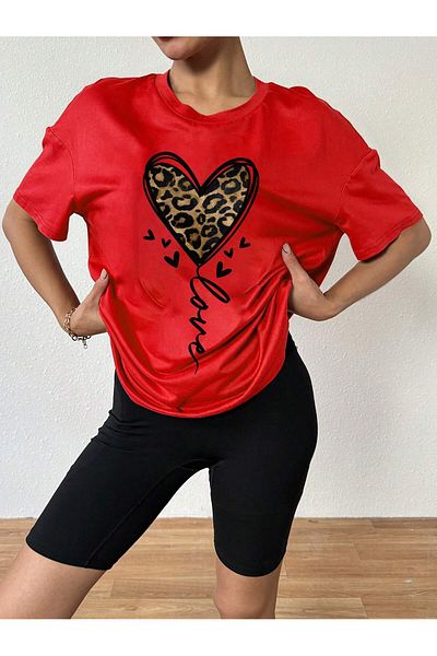 BEETON Love Heart Leopard T-Shirt - Red Printed Oversize Crew Neck Short Sleeve T-Shirt