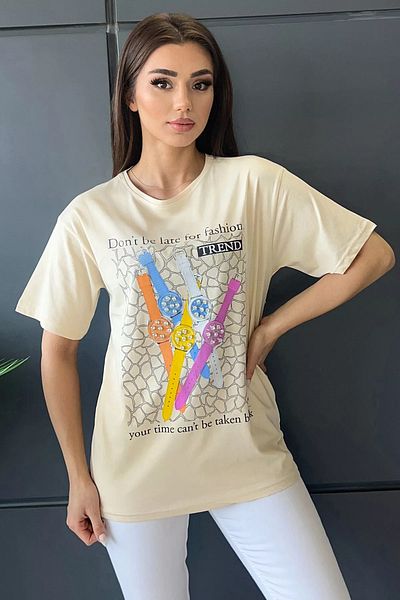 GÜLSELİ Tricou de damă bej cu text și imagine imprimate