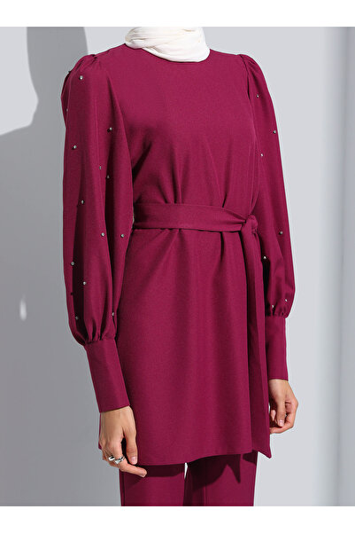 Refka Stone and Button Detailed Evening Dress Set - Cherry -